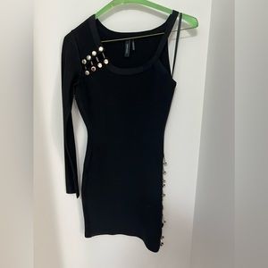 Marciano black one shoulder body con bandage dress with gold buttons xs